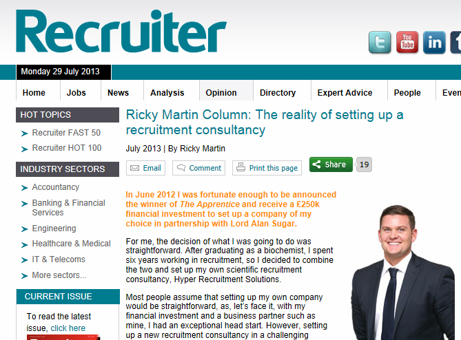 Ricky Martin - My new monthly column in the Recruiter magazine 